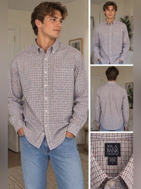 Jos. A. Bank Men's White and Red Micro-Plaid Button-Down Shirt